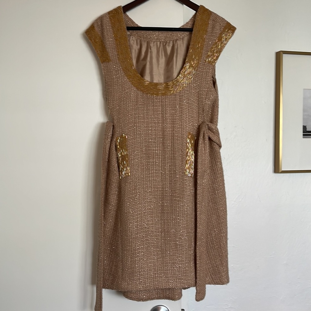 Gold tweed woven dress with beading